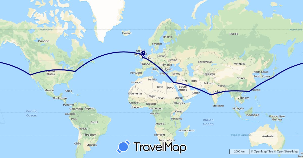 TravelMap itinerary: driving in China, Egypt, United Kingdom, India, Japan, United States (Africa, Asia, Europe, North America)